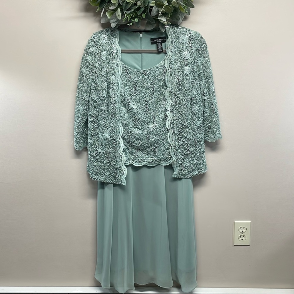 R&M Richards Seafoam Lace Overlay Midi Dress with Jacket